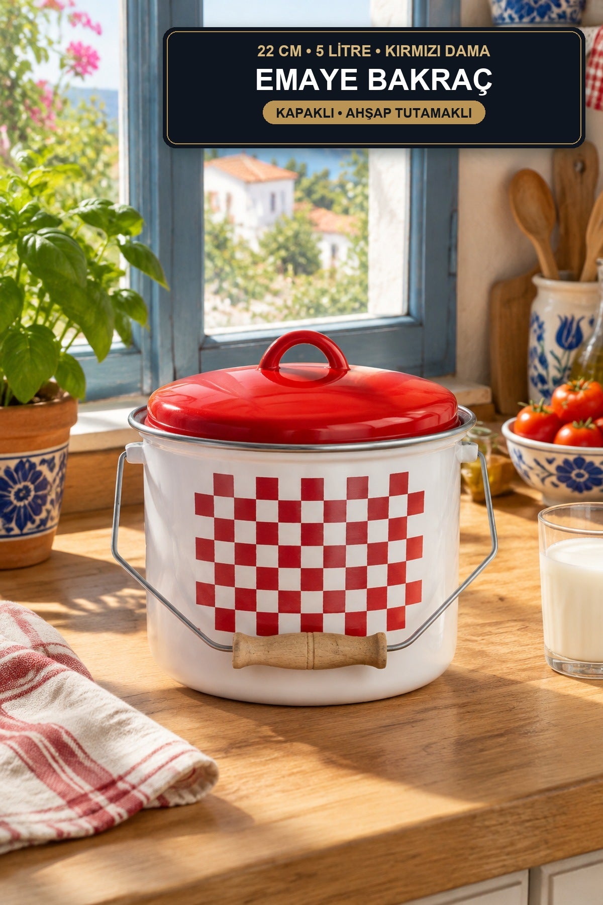 Emaye Bakraç 22 cm 5 Litre Kuş Model Kapaklı Ahşap Tutamaklı Süt ve Yo Kırmızı Dama