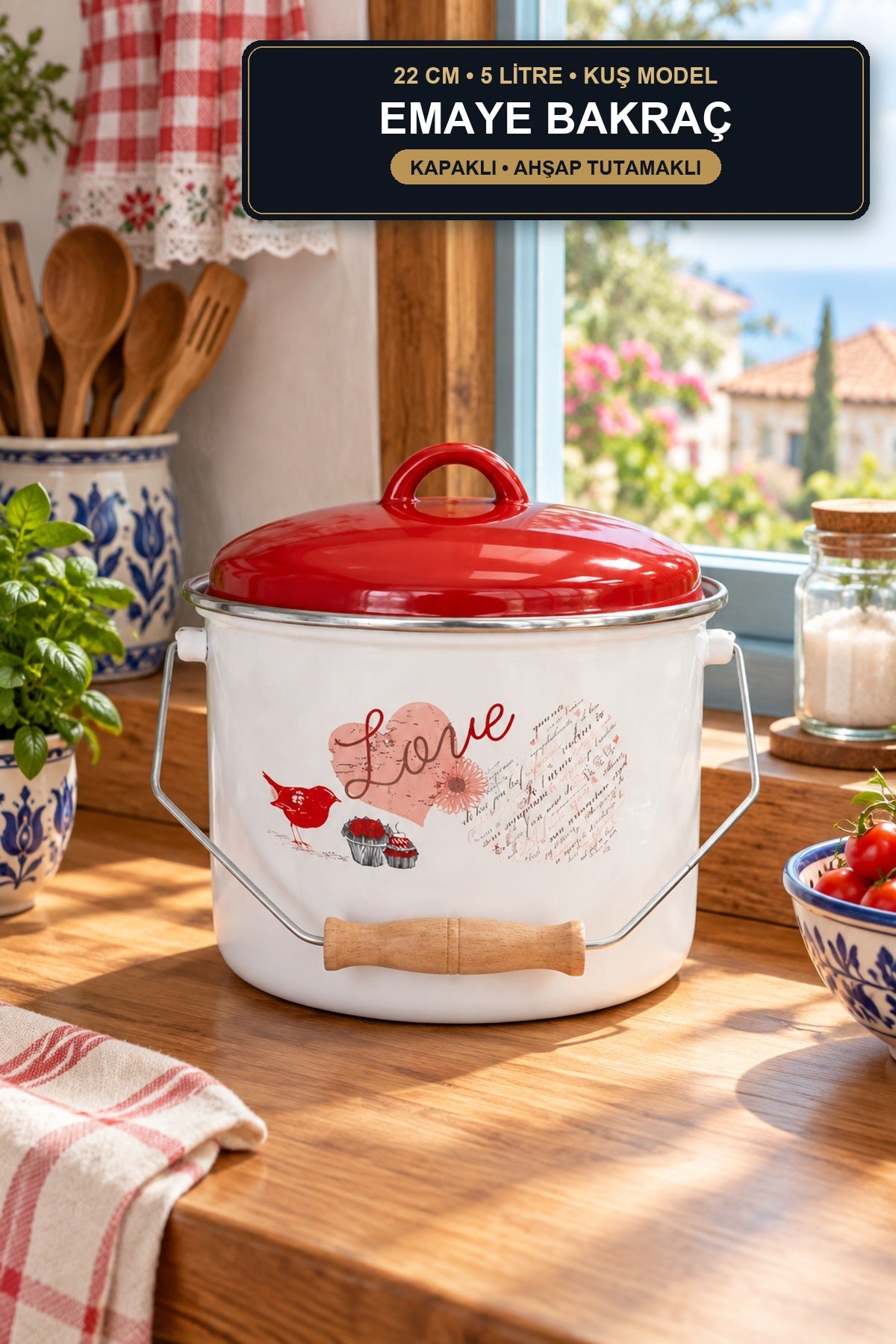 Emaye Bakraç 22 cm 5 Litre Kuş Model Kapaklı Ahşap Tutamaklı Süt ve Yo Kuş Model