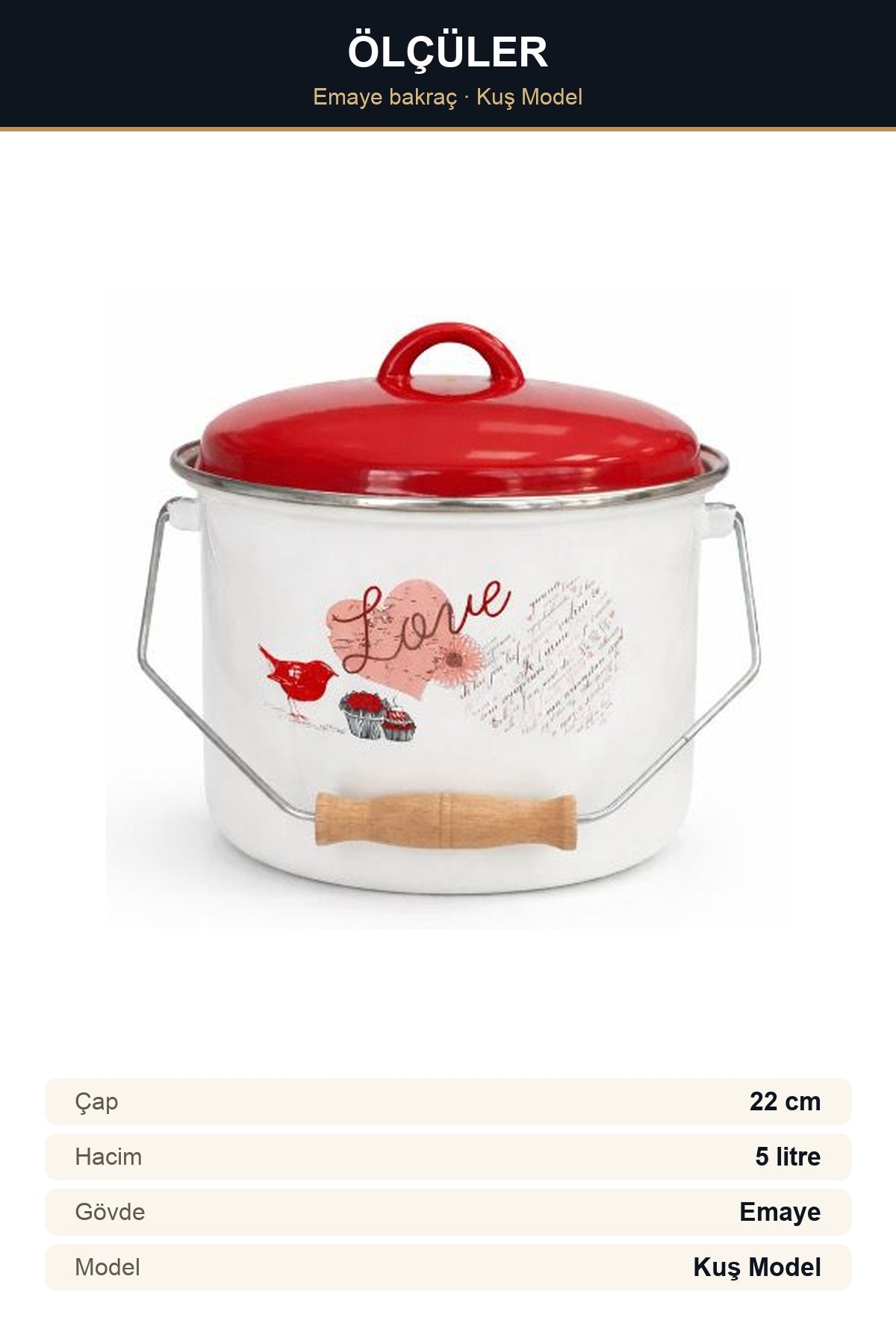 Emaye Bakraç 22 cm 5 Litre Kuş Model Kapaklı Ahşap Tutamaklı Süt ve Yo Kuş Model