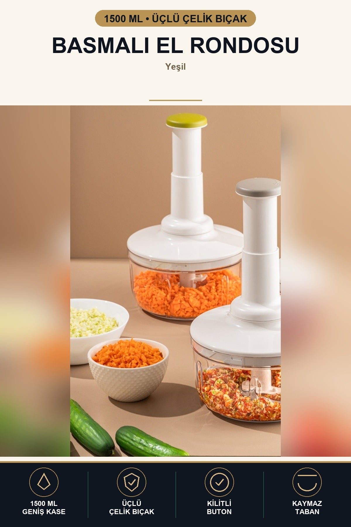 Basmalı El Rondosu 1500 ml Manuel Doğrayıcı Üçlü Çelik Bıçaklı Kilitli Yeşil
