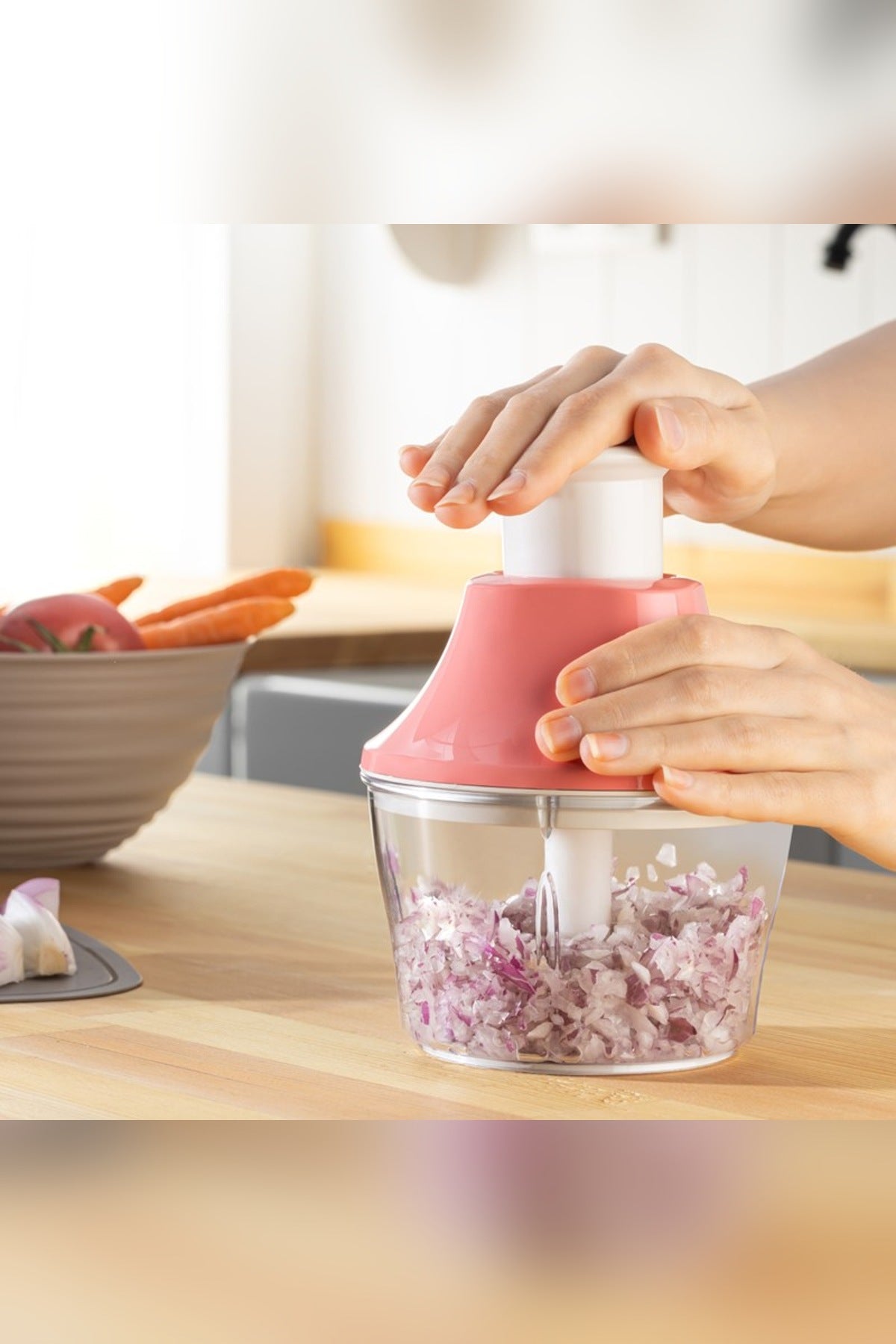 Basmalı Mini El Rondosu 700 ml Manuel Doğrayıcı Üçlü Çelik Bıçaklı Soğ Gri
