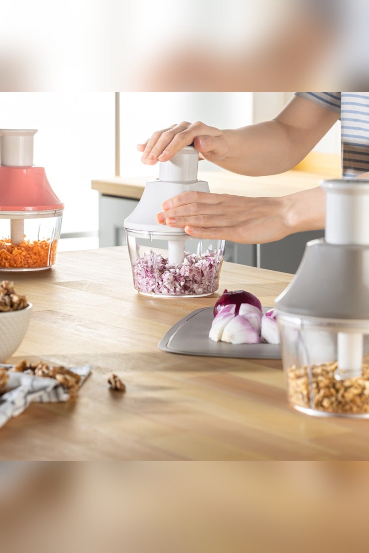 Basmalı Mini El Rondosu 700 ml Manuel Doğrayıcı Üçlü Çelik Bıçaklı Soğ Gri