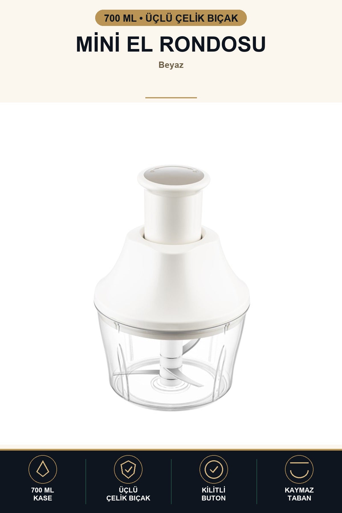 Basmalı Mini El Rondosu 700 ml Manuel Doğrayıcı Üçlü Çelik Bıçaklı Soğ Beyaz
