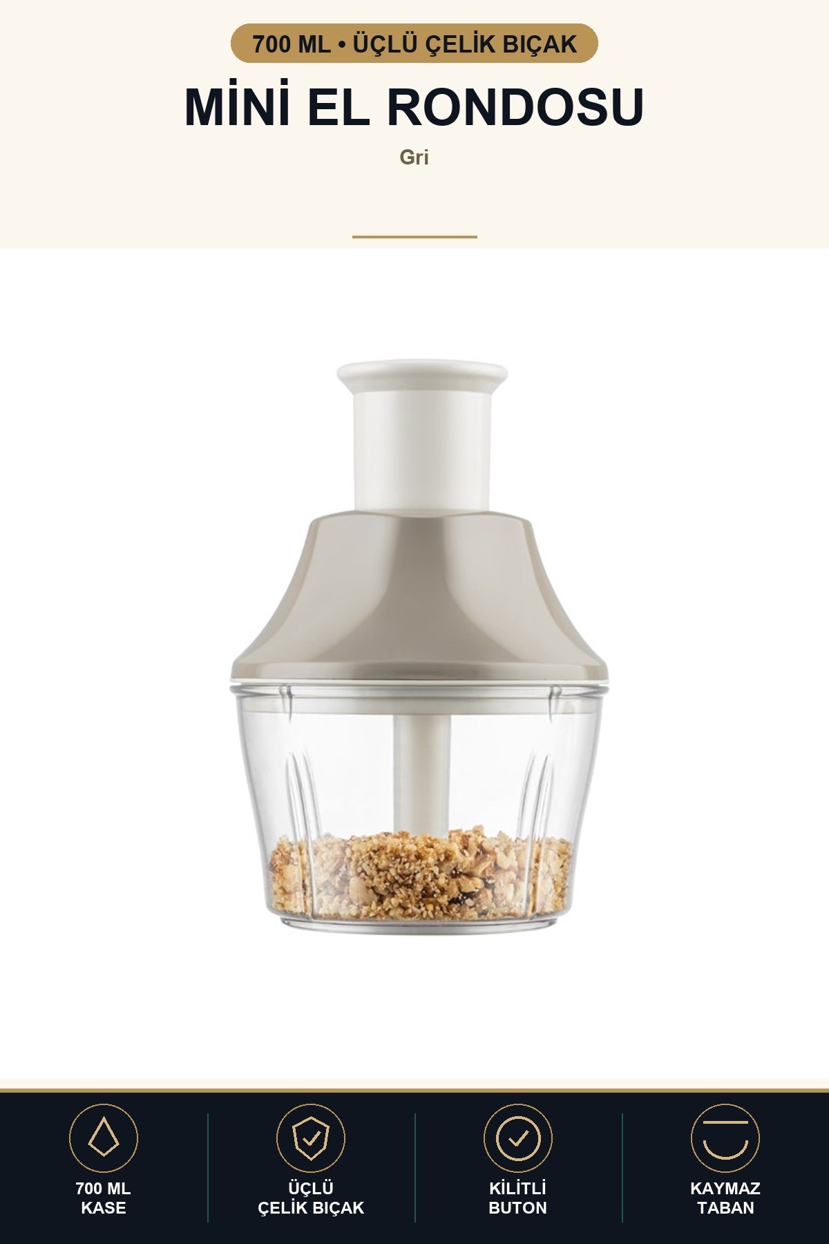 Basmalı Mini El Rondosu 700 ml Manuel Doğrayıcı Üçlü Çelik Bıçaklı Soğ Gri