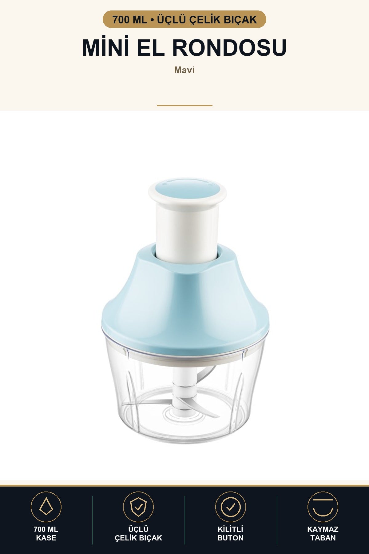 Basmalı Mini El Rondosu 700 ml Manuel Doğrayıcı Üçlü Çelik Bıçaklı Soğ Mavi