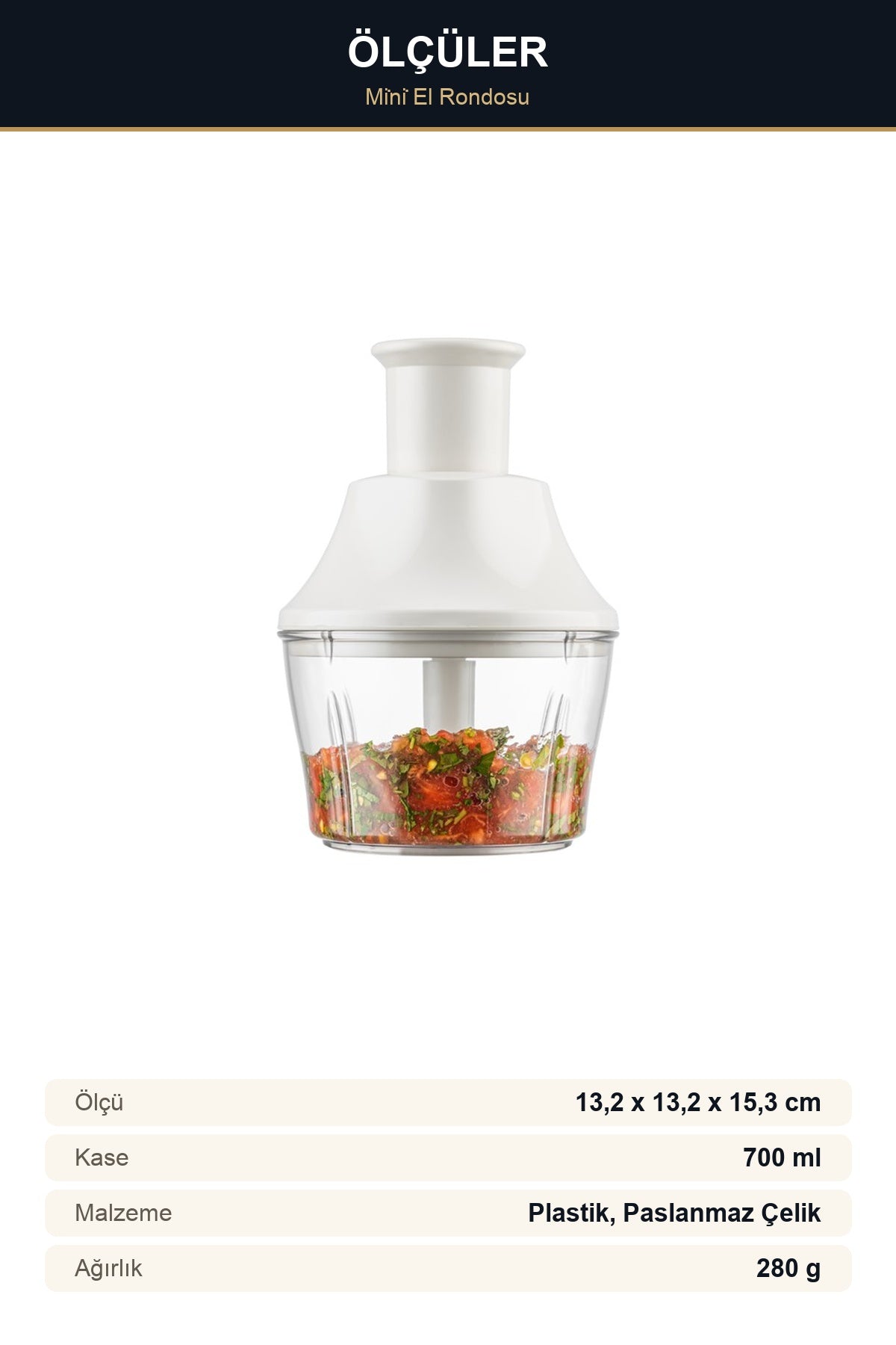 Basmalı Mini El Rondosu 700 ml Manuel Doğrayıcı Üçlü Çelik Bıçaklı Soğ Gri
