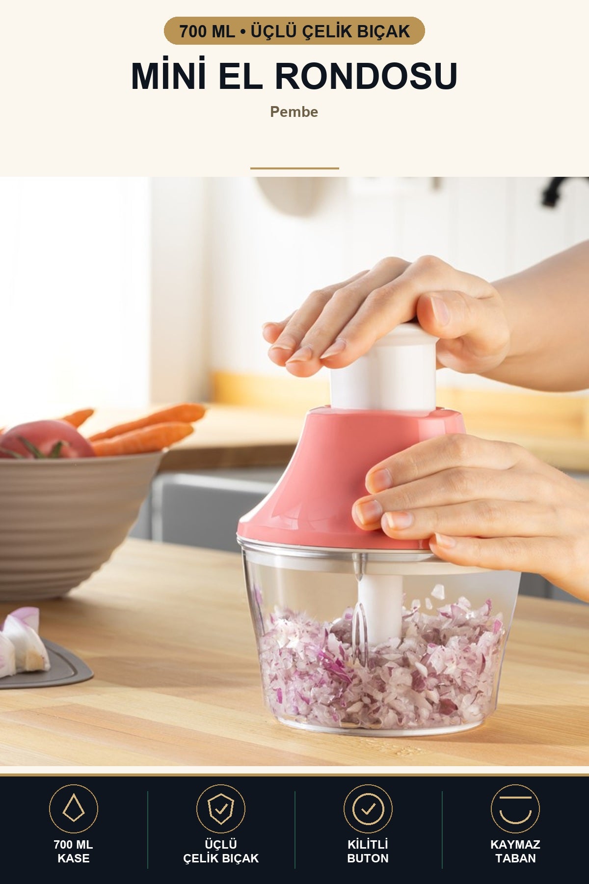 Basmalı Mini El Rondosu 700 ml Manuel Doğrayıcı Üçlü Çelik Bıçaklı Soğ Pembe