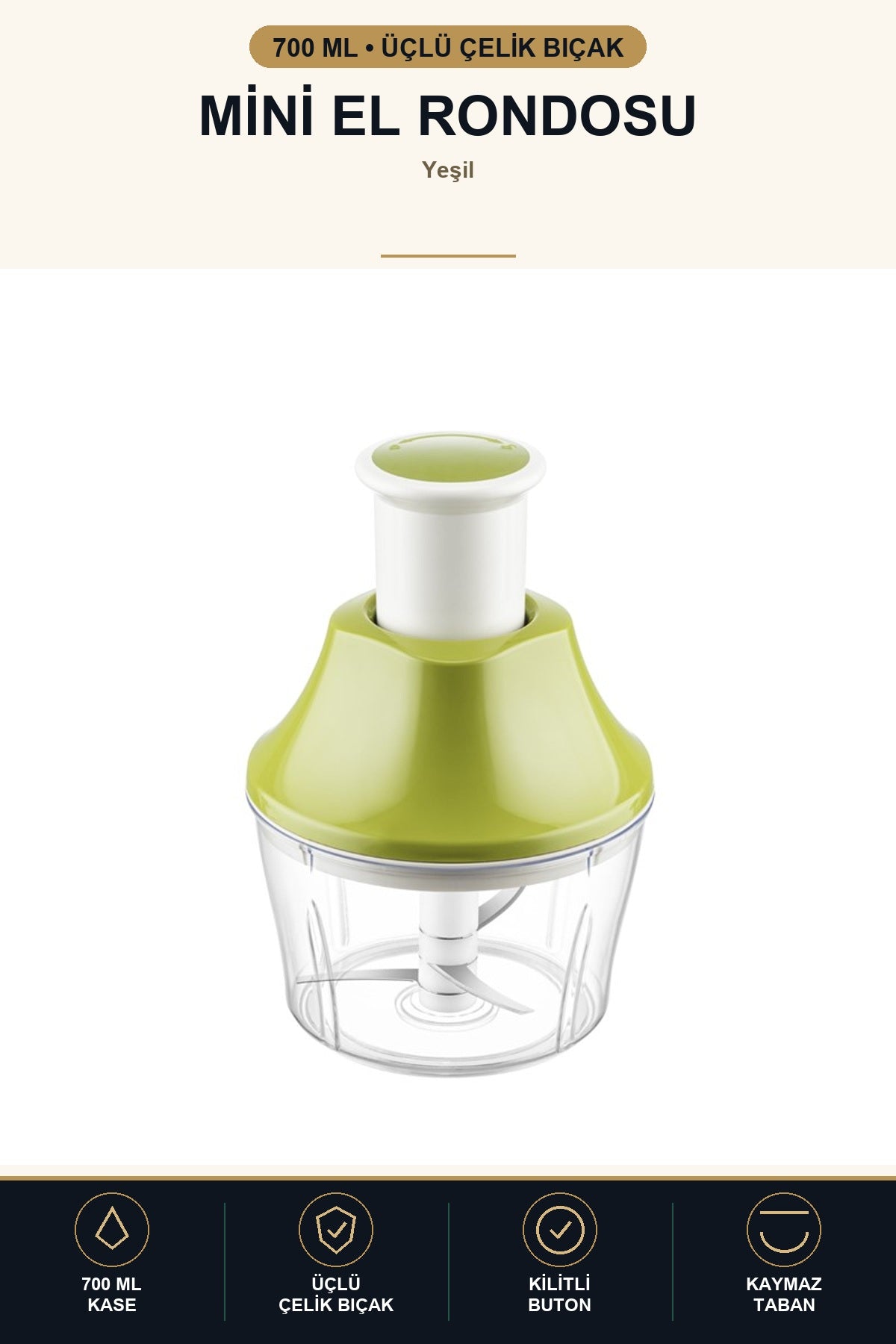 Basmalı Mini El Rondosu 700 ml Manuel Doğrayıcı Üçlü Çelik Bıçaklı Soğ Yeşil