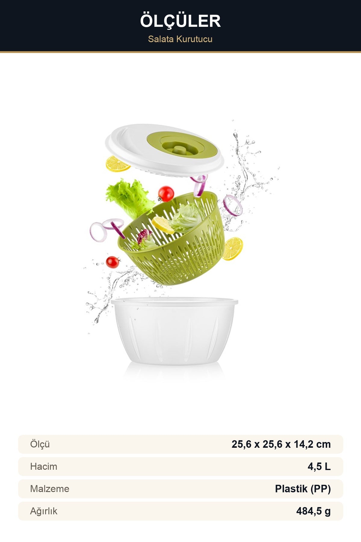 Salata Kurutucu 4,5 L Döner Mekanizmalı Süzgeçli Yeşillik ve Sebze Kur Yeşil
