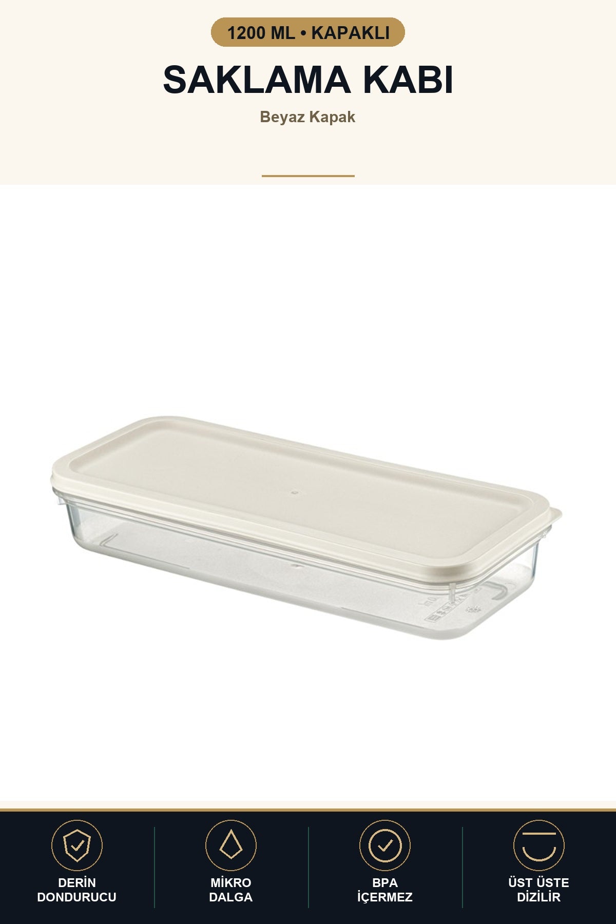 Saklama Kabı 1200 ml Kapaklı Buzdolabı Dondurucu Mikrodalga Uyumlu Şef Beyaz Kapak