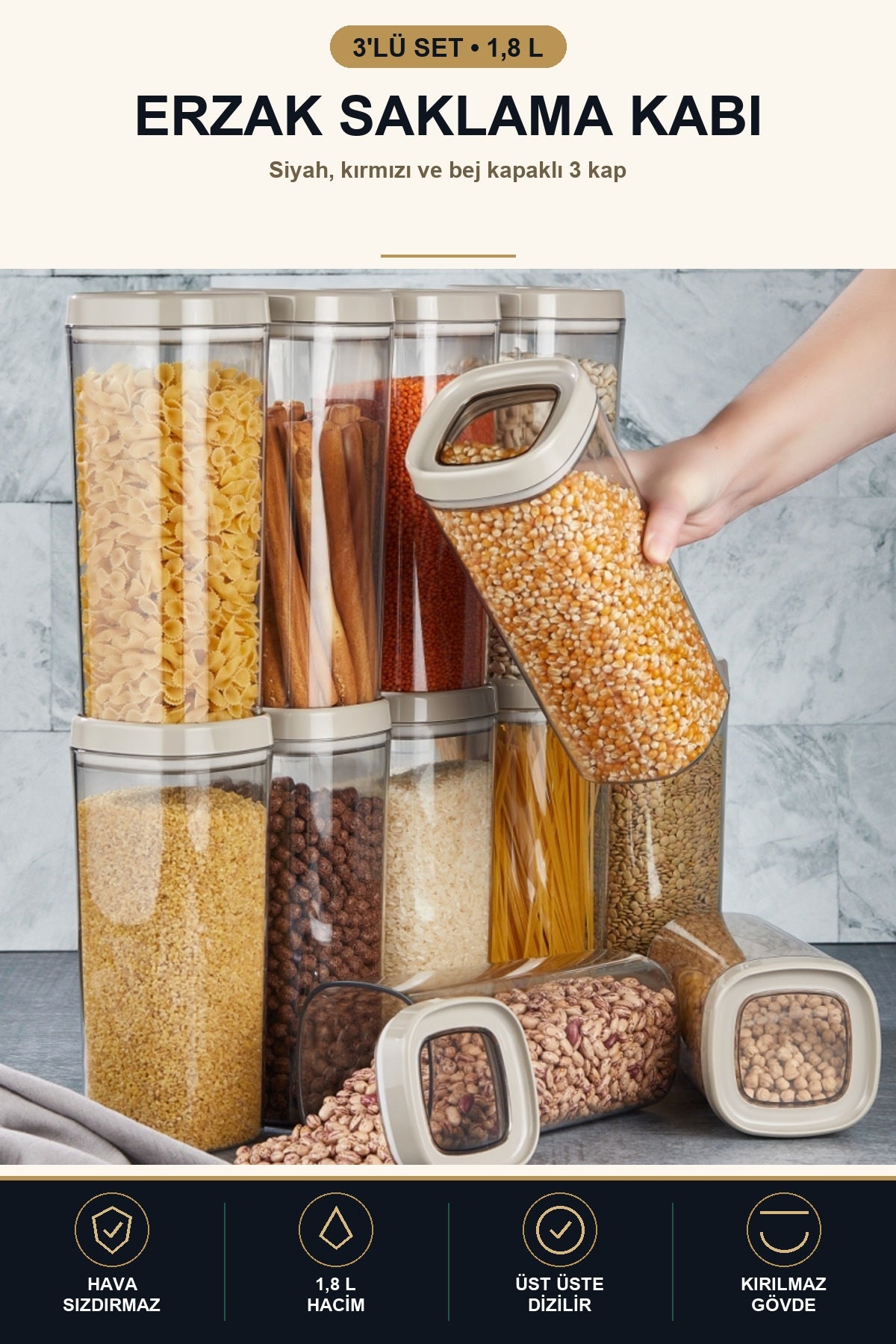 Vakumlu Erzak Saklama Kabı 1,8 L Hava Sızdırmaz Kapaklı Füme Bakliyat  3'lü Set (3 Renk)
