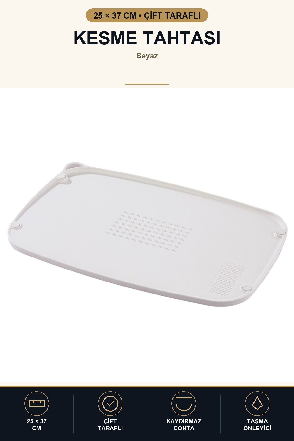 Çift Taraflı Kesme Tahtası 25x37 cm Kaydırmaz Rendeleme Alanlı Taşma Ö Beyaz