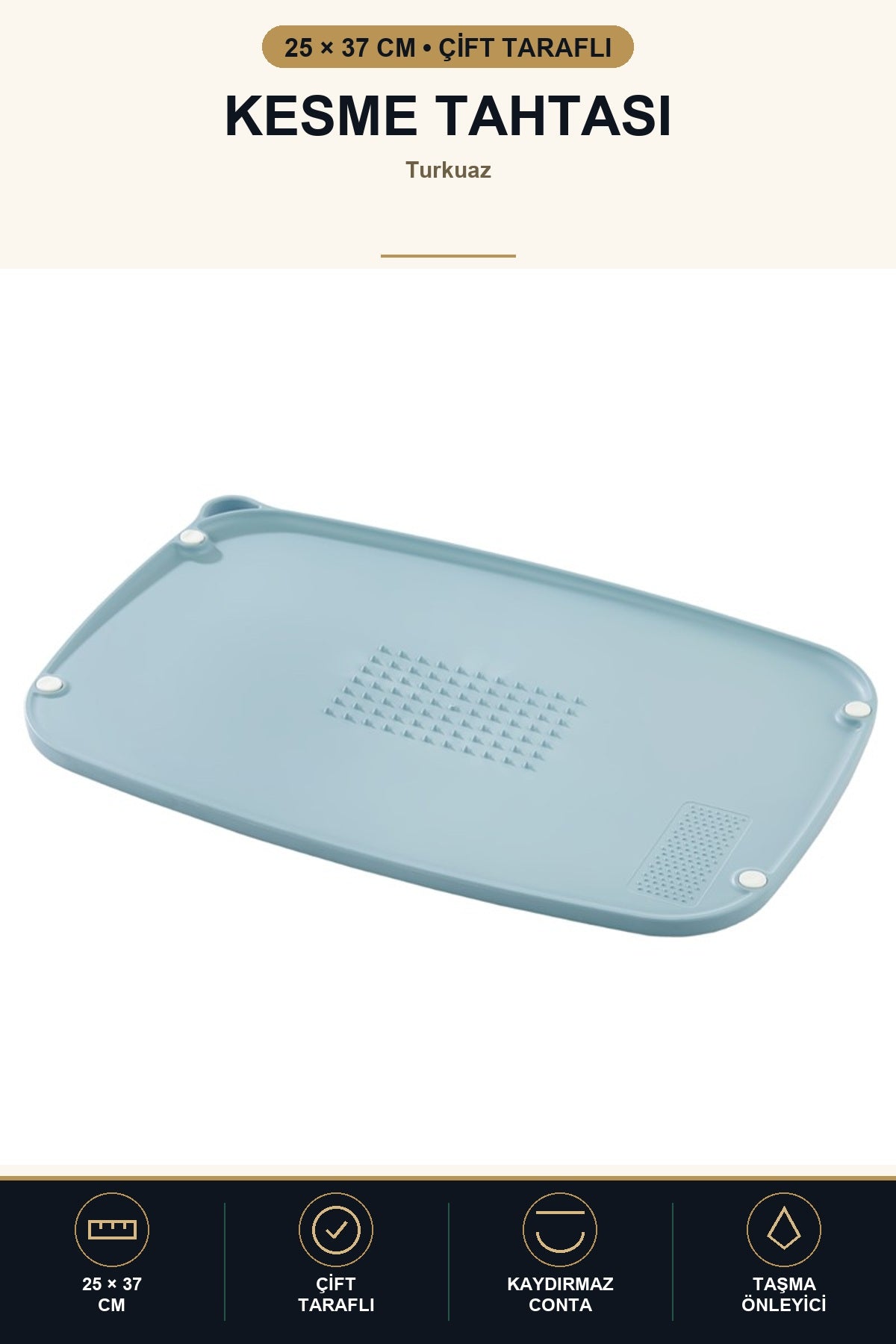 Çift Taraflı Kesme Tahtası 25x37 cm Kaydırmaz Rendeleme Alanlı Taşma Ö Turkuaz