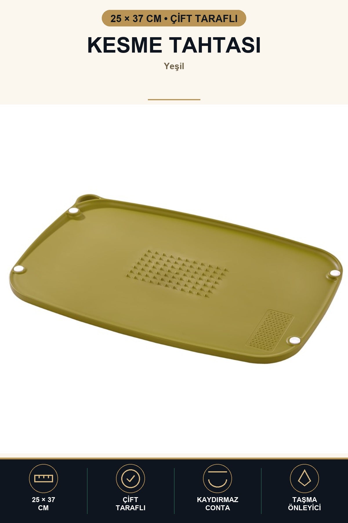Çift Taraflı Kesme Tahtası 25x37 cm Kaydırmaz Rendeleme Alanlı Taşma Ö Yeşil