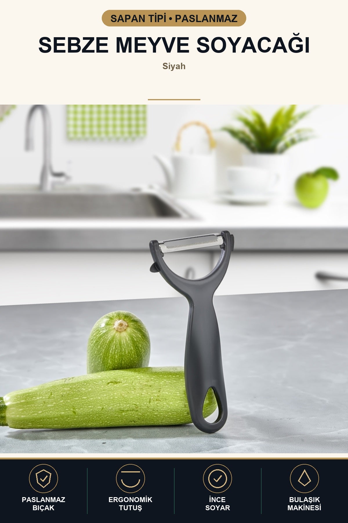 Sapan Tipi Soyacak Paslanmaz Çelik Bıçaklı Ergonomik Meyve Sebze Patat Siyah