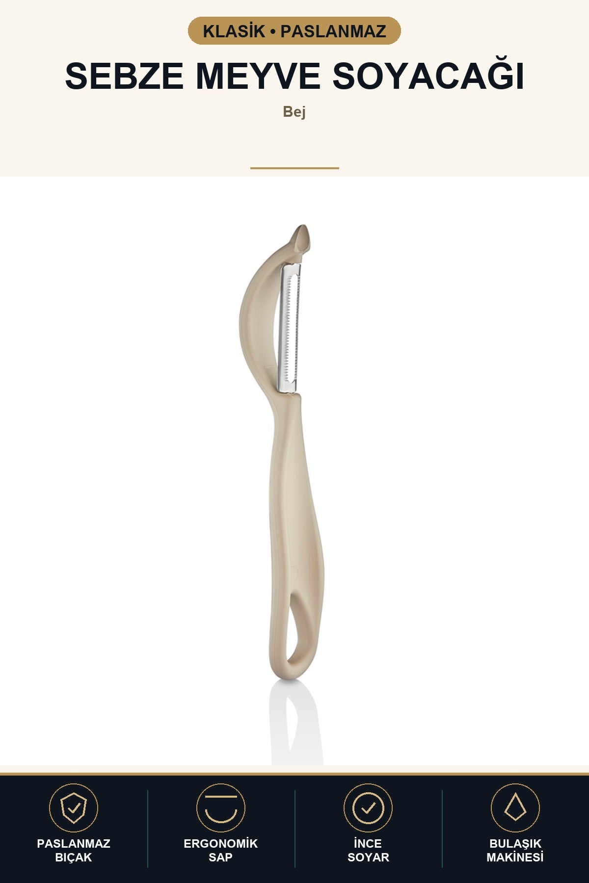 Klasik Soyacak Paslanmaz Çelik Bıçaklı Ergonomik Saplı Meyve Sebze Pat Bej