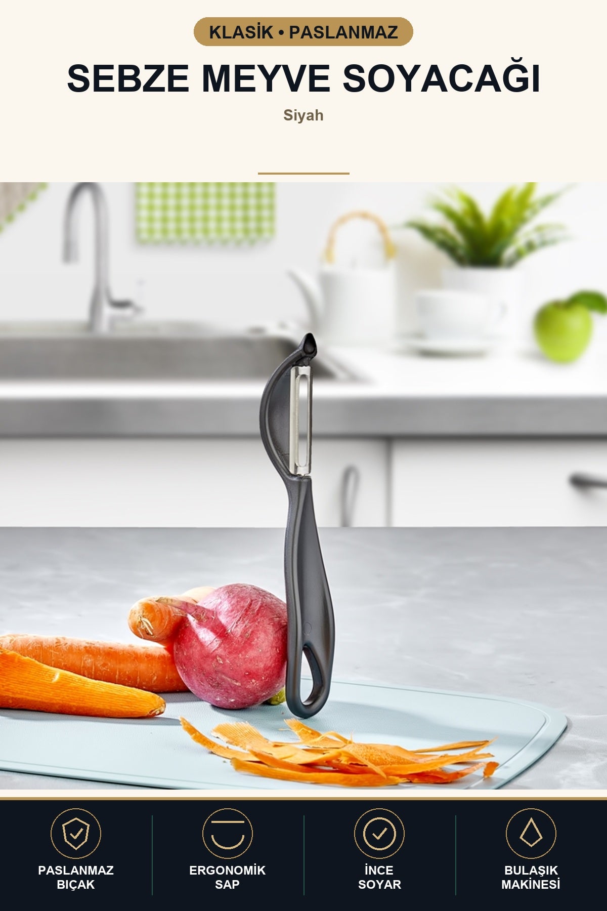 Klasik Soyacak Paslanmaz Çelik Bıçaklı Ergonomik Saplı Meyve Sebze Pat Siyah