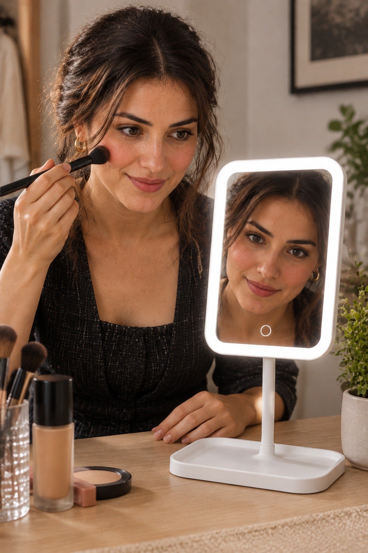 LED Işıklı Makyaj Aynası 3 Kademeli Işık Dokunmatik Ayaklı Masa Aynası Beyaz