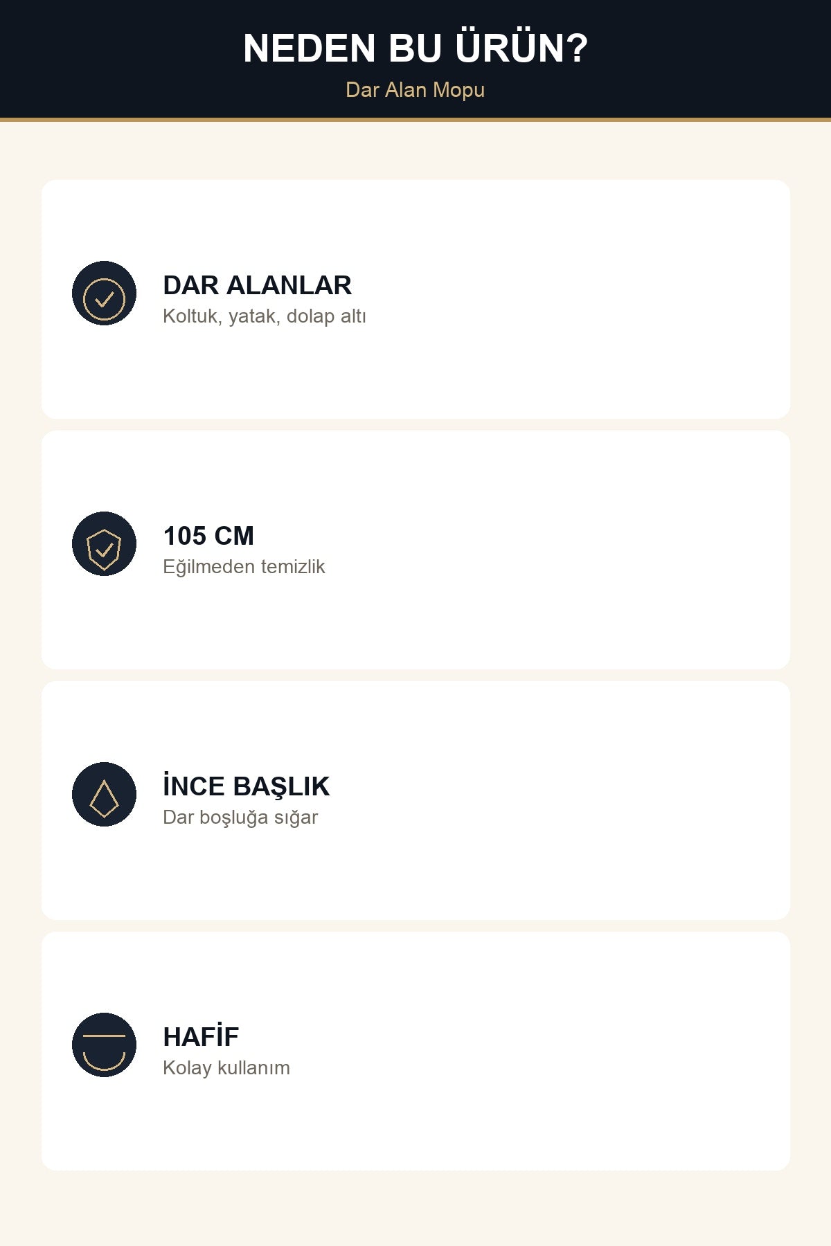 Dar Alan Mopu 105 cm Uzun Saplı İnce Başlıklı Koltuk Altı Dolap Altı T