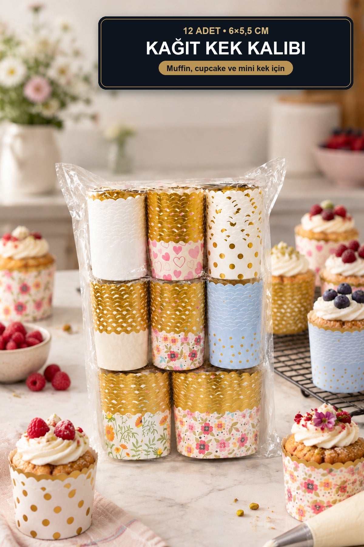 12'li Gold Kenarlı Kağıt Muffin Kalıbı 6x5,5 cm Desenli Uzun Cupcake K