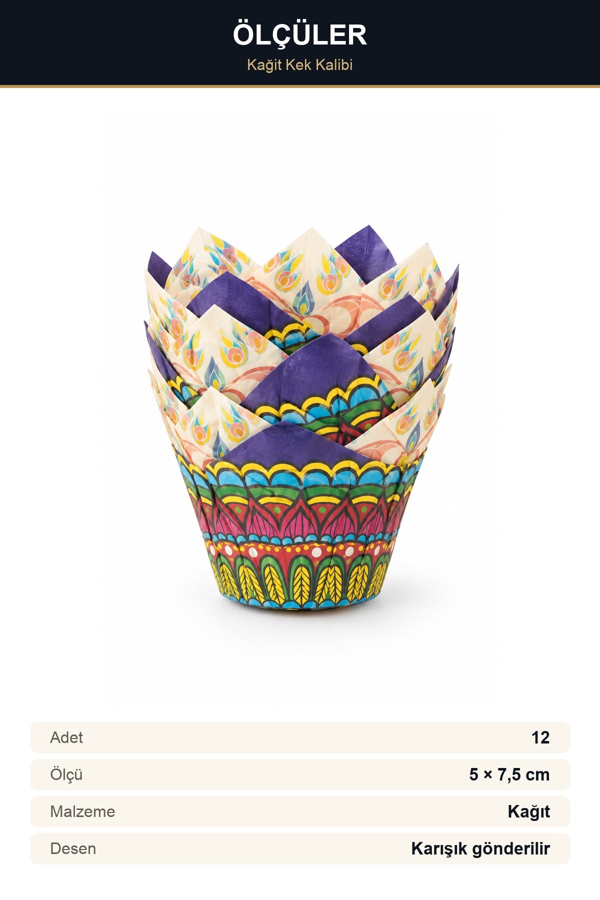 12'li Lale Model Kağıt Muffin Kalıbı 5x7,5 cm Desenli Cupcake Kapsülü