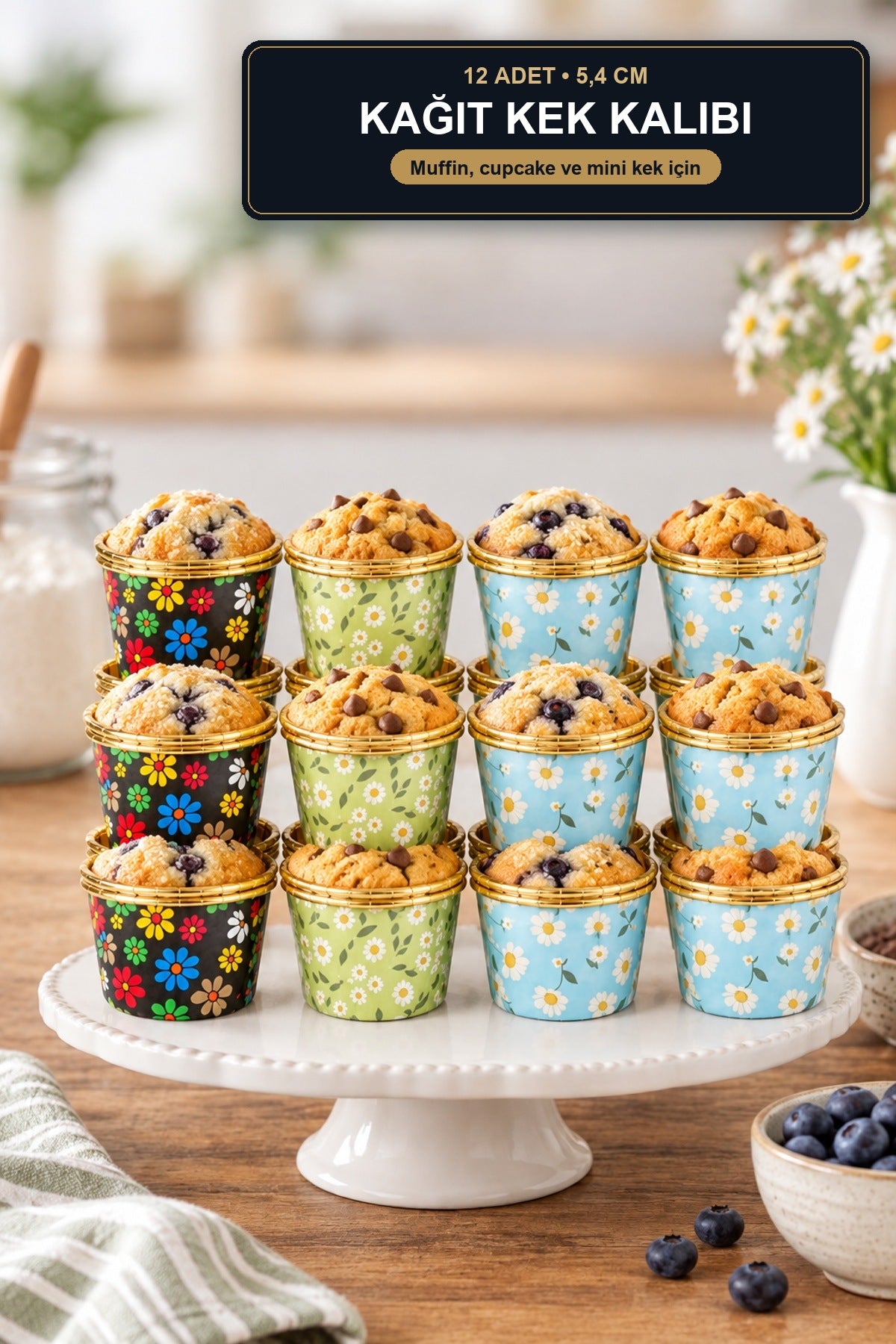 12'li Gold Folyolu Çiçek Desenli Kağıt Muffin Kalıbı 5,4 cm Cupcake Ka