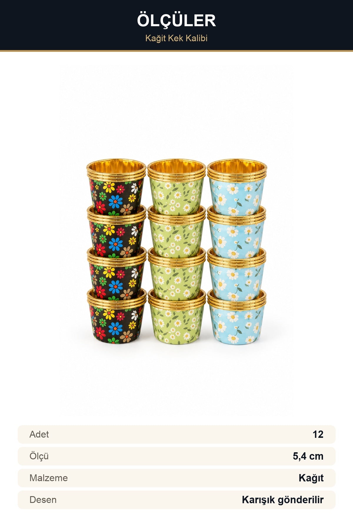 12'li Gold Folyolu Çiçek Desenli Kağıt Muffin Kalıbı 5,4 cm Cupcake Ka