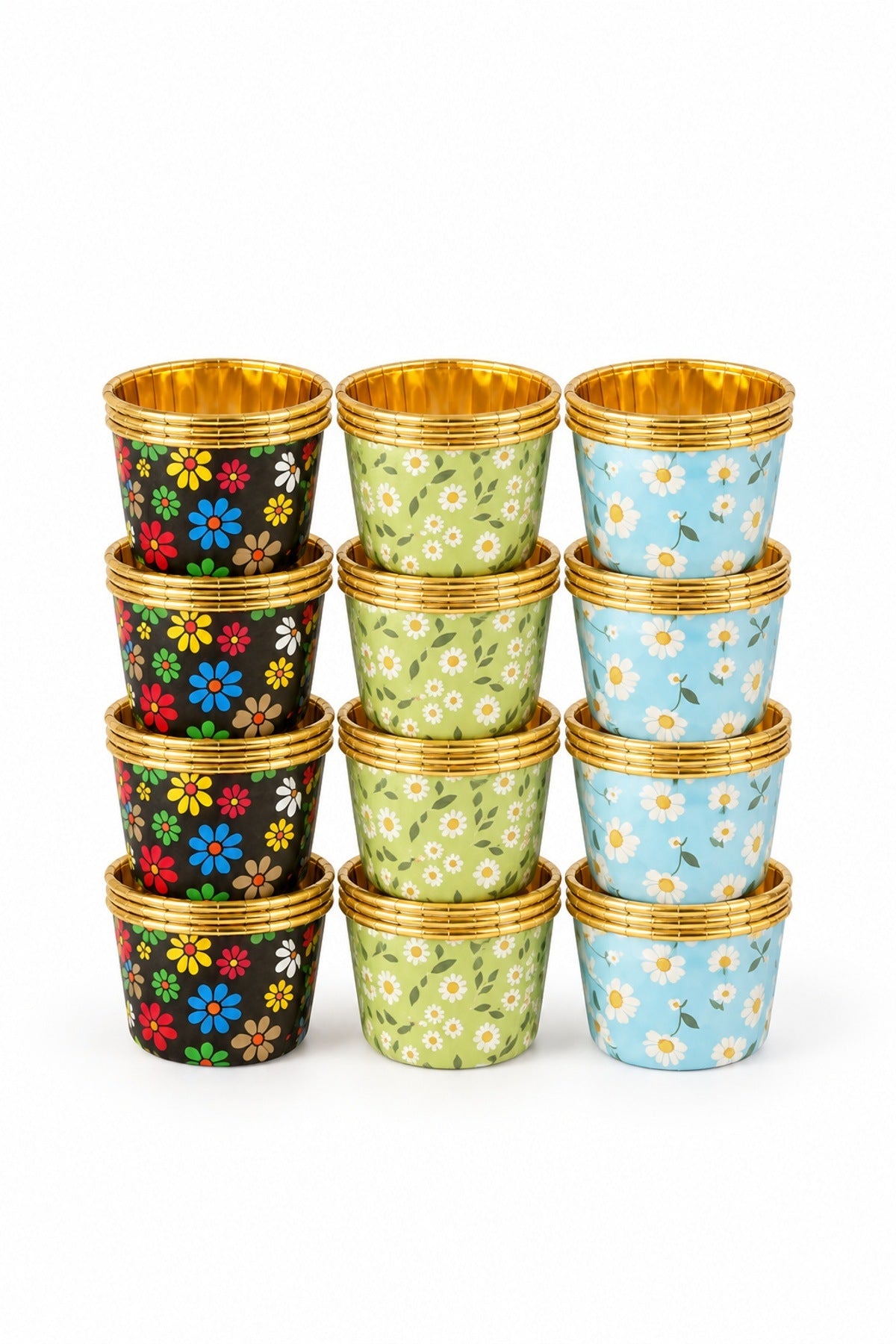 12'li Gold Folyolu Çiçek Desenli Kağıt Muffin Kalıbı 5,4 cm Cupcake Ka