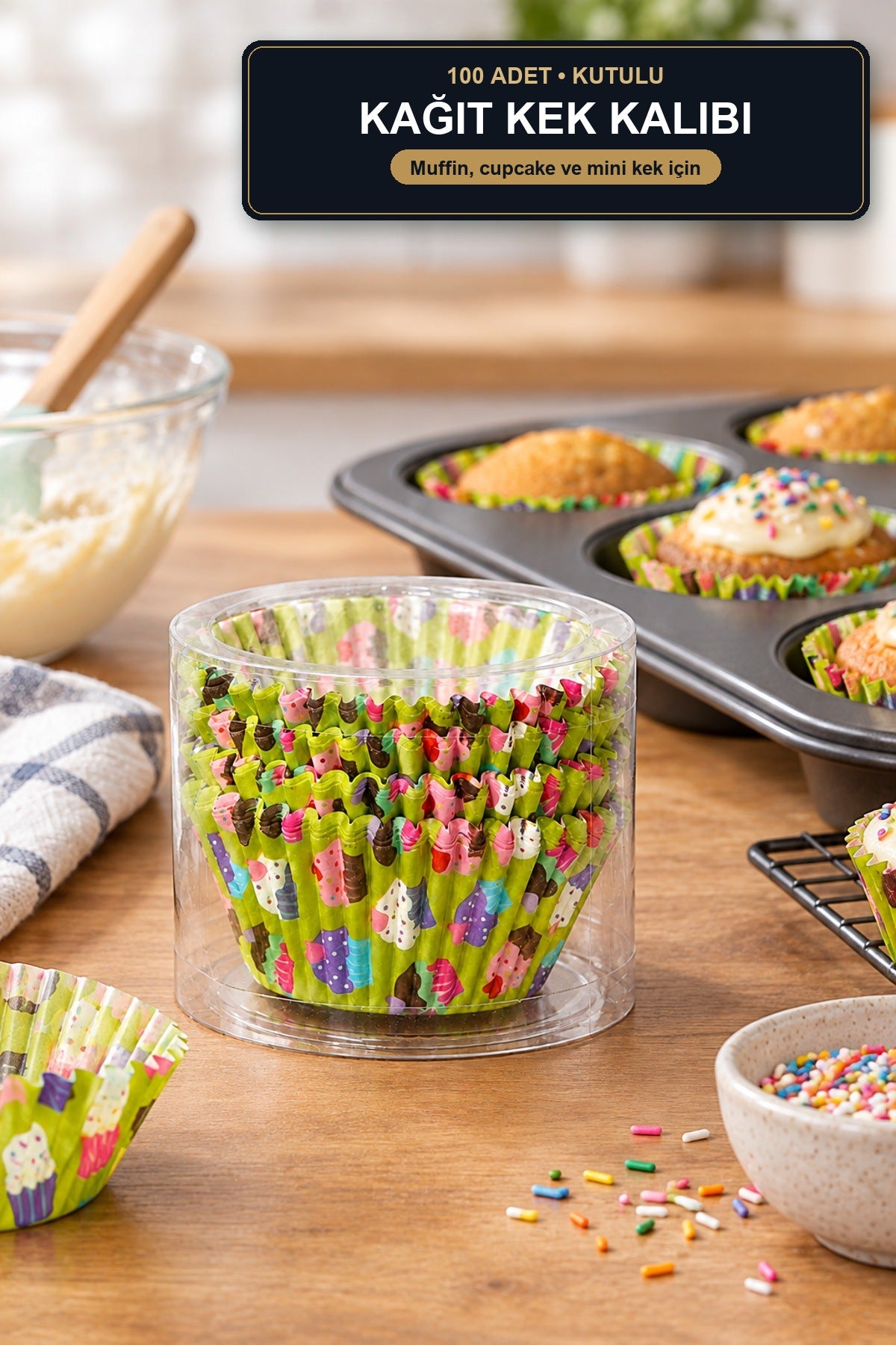 100'lü Renkli Kağıt Muffin Kek Kalıbı Kutulu Cupcake Kapsülü