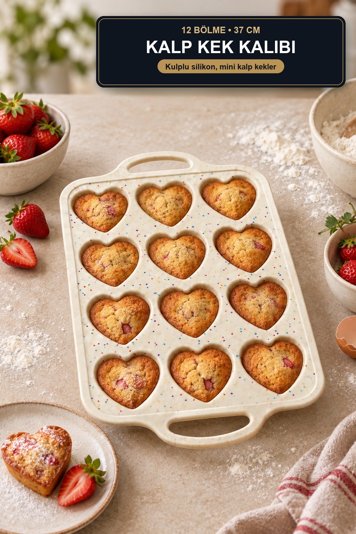 Silikon Kalp Kek Kalıbı 12 Bölmeli 37 cm Kulplu Krem Muffin Mini Kek K Krem
