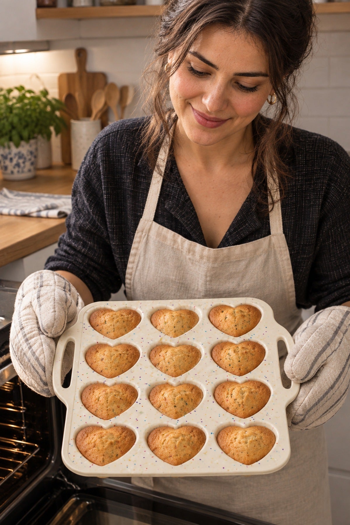 Silikon Kalp Kek Kalıbı 12 Bölmeli 37 cm Kulplu Krem Muffin Mini Kek K Krem