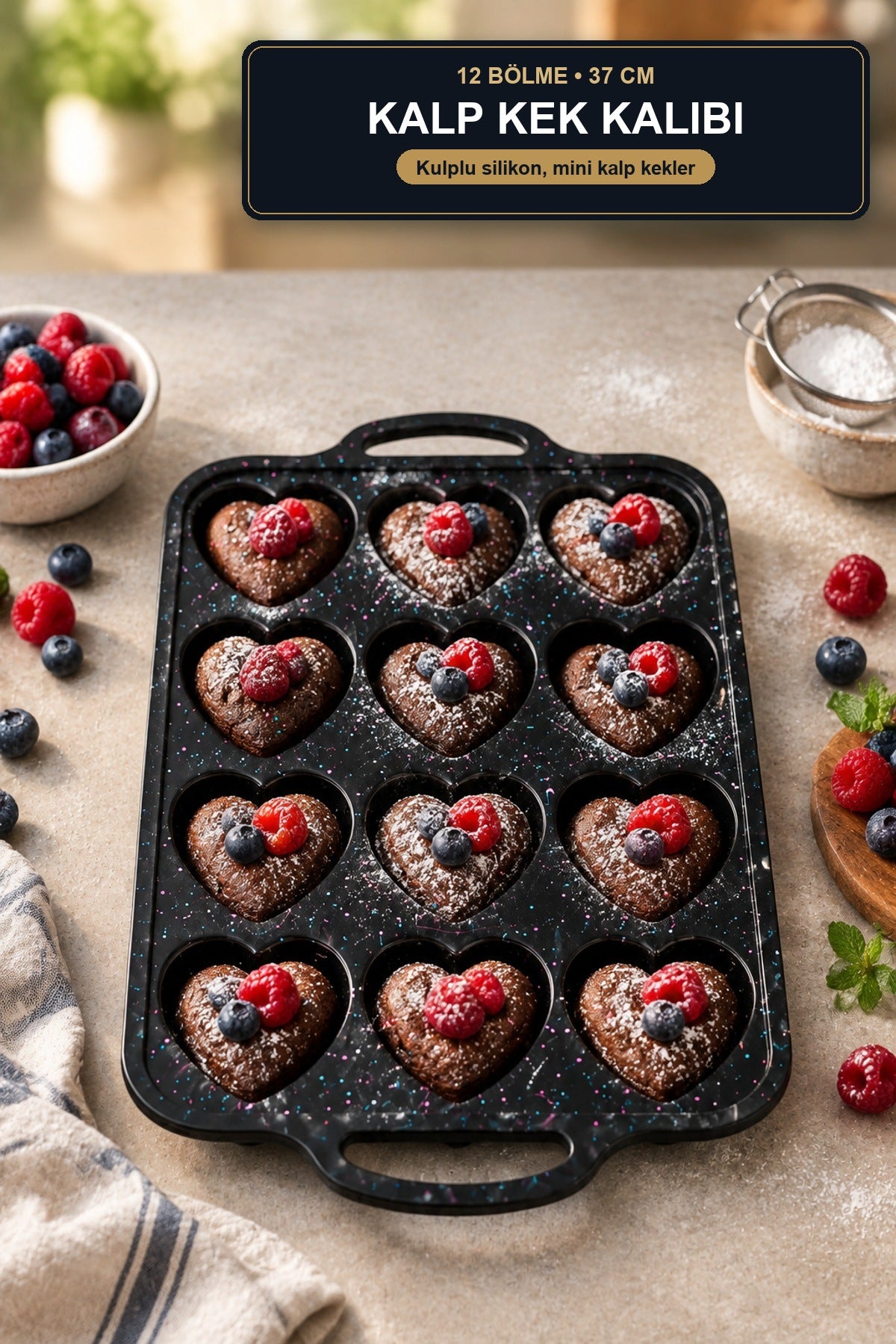 Silikon Kalp Kek Kalıbı 12 Bölmeli 37 cm Kulplu Krem Muffin Mini Kek K Siyah