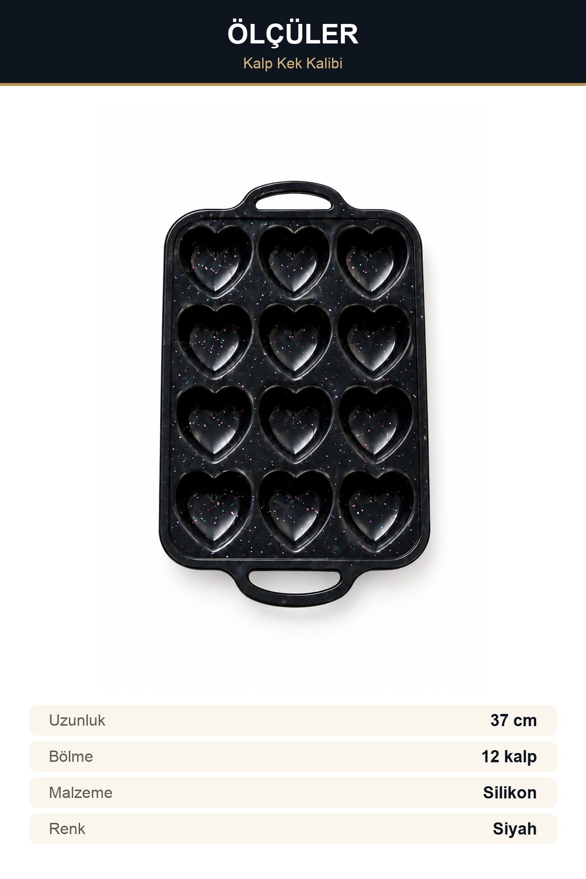 Silikon Kalp Kek Kalıbı 12 Bölmeli 37 cm Kulplu Krem Muffin Mini Kek K Siyah