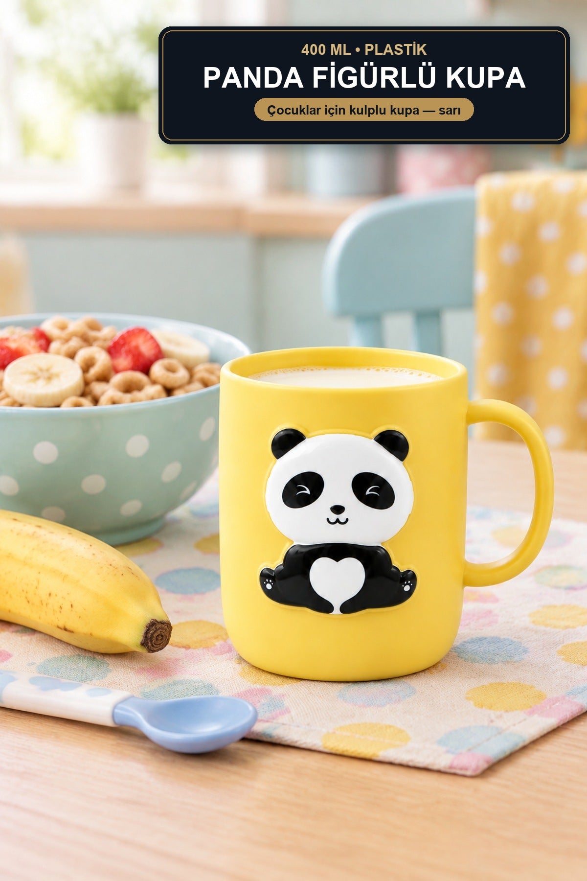 Plastik Çocuk Kupası Panda Figürlü 400 ml Sarı Kulplu Süt ve Su Bardağ Sarı