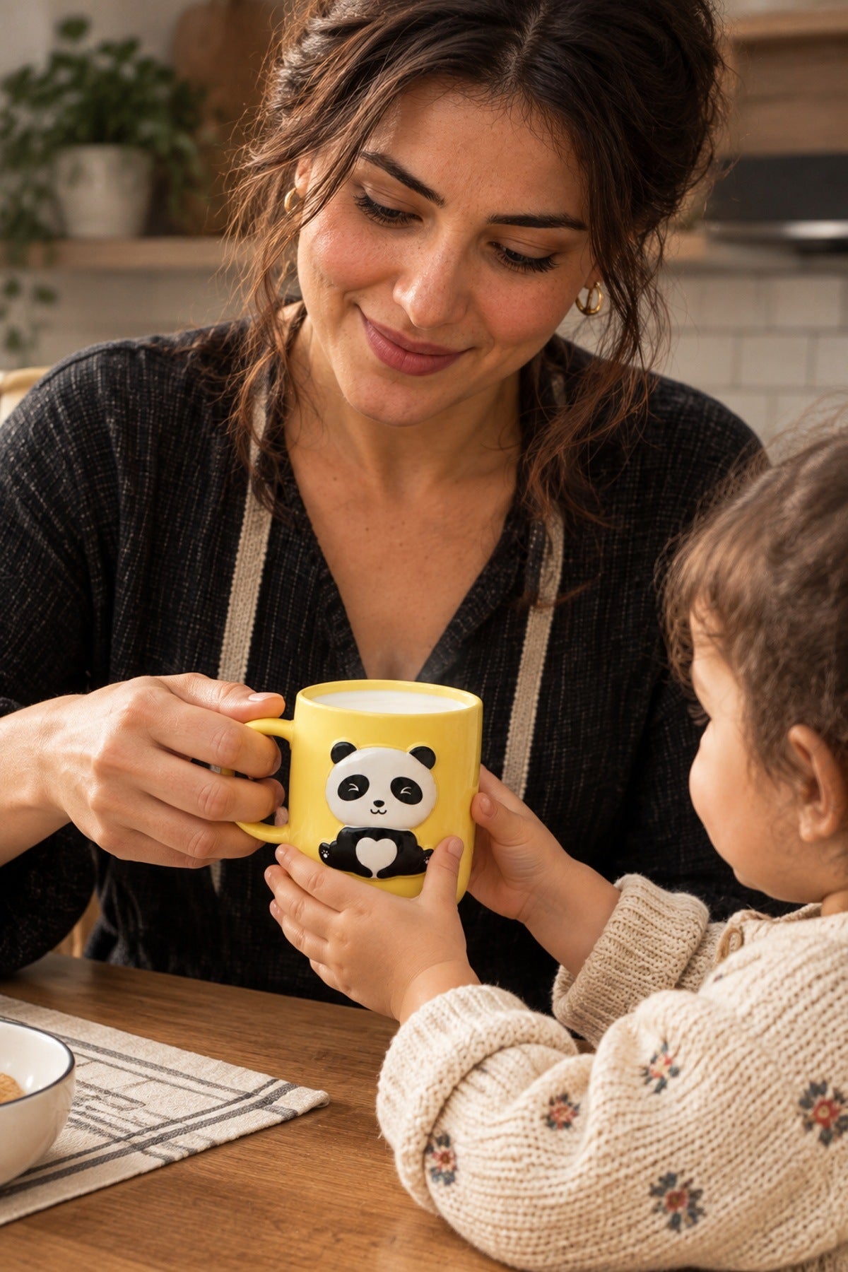 Plastik Çocuk Kupası Panda Figürlü 400 ml Sarı Kulplu Süt ve Su Bardağ Sarı