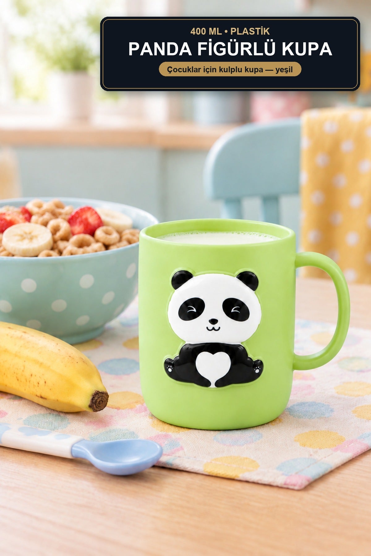 Plastik Çocuk Kupası Panda Figürlü 400 ml Sarı Kulplu Süt ve Su Bardağ Yeşil