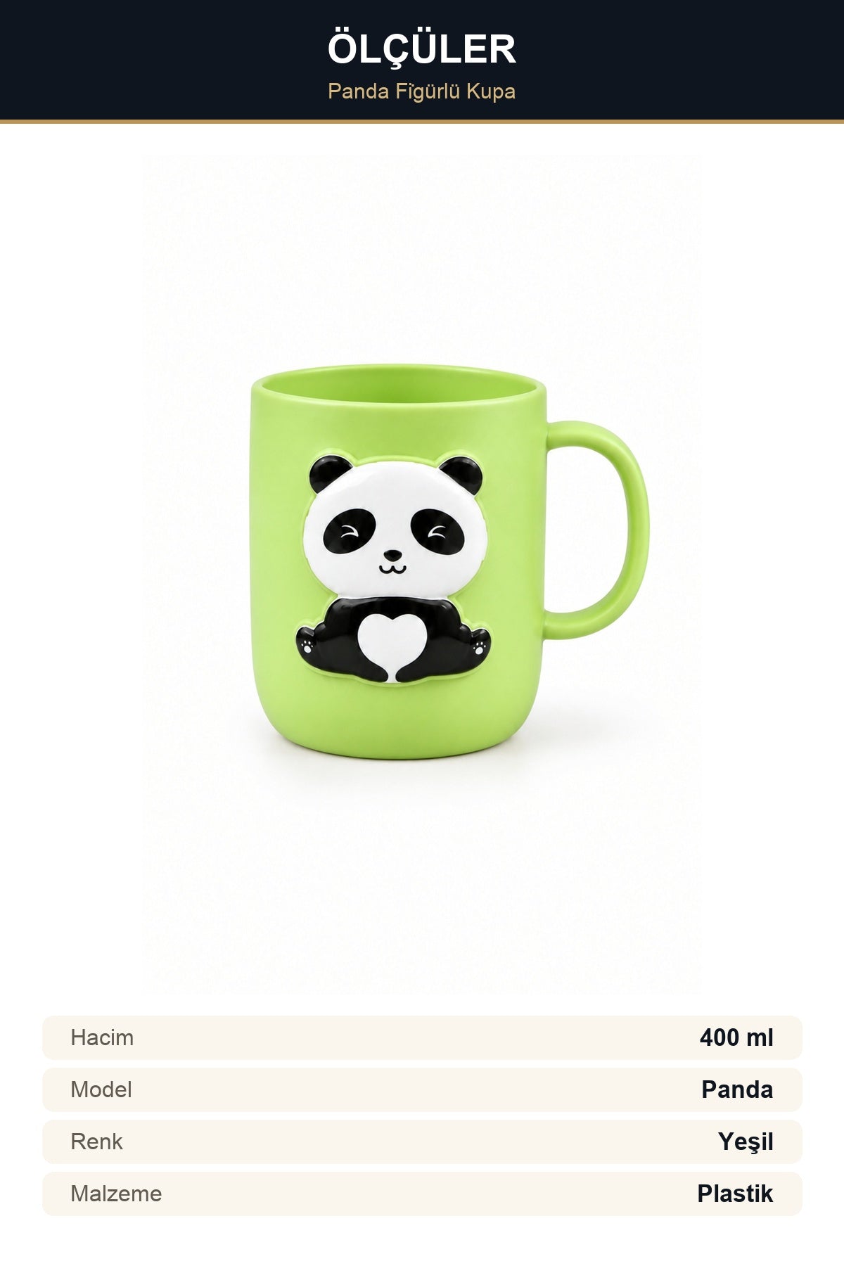 Plastik Çocuk Kupası Panda Figürlü 400 ml Sarı Kulplu Süt ve Su Bardağ Yeşil