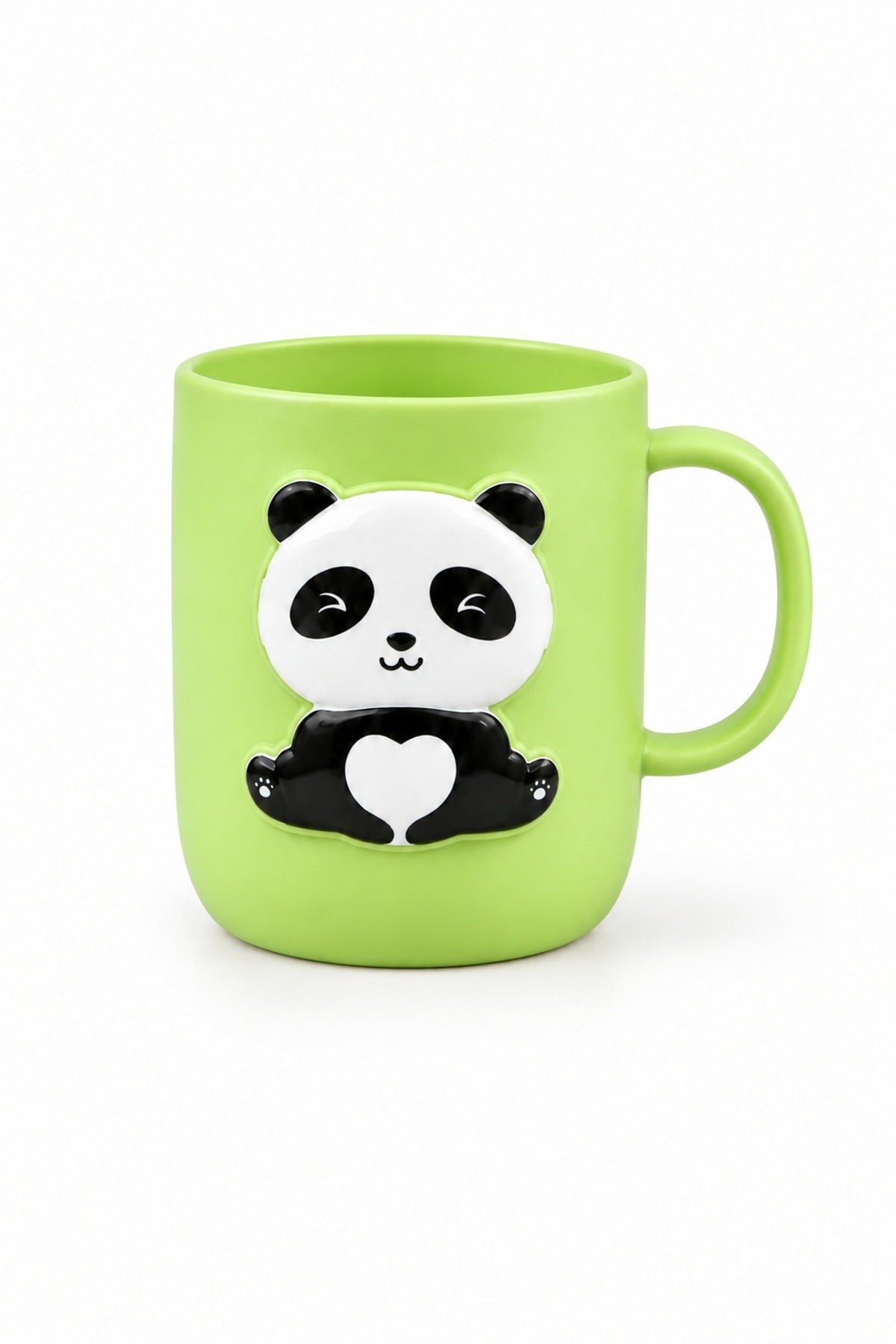 Plastik Çocuk Kupası Panda Figürlü 400 ml Sarı Kulplu Süt ve Su Bardağ Yeşil
