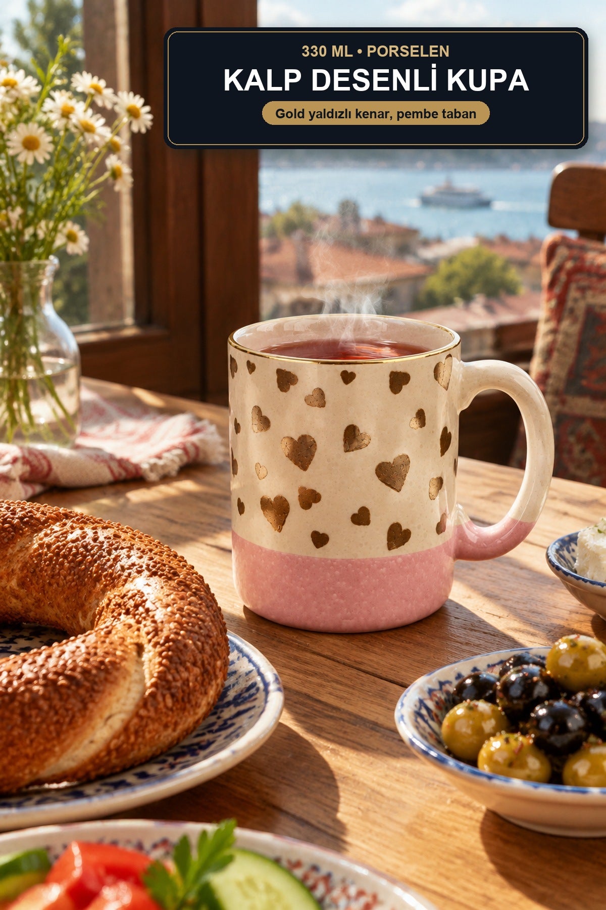 Kalp Desenli Porselen Kupa 330 ml Gold Yaldızlı Pembe Çay Kahve Kupası Pembe