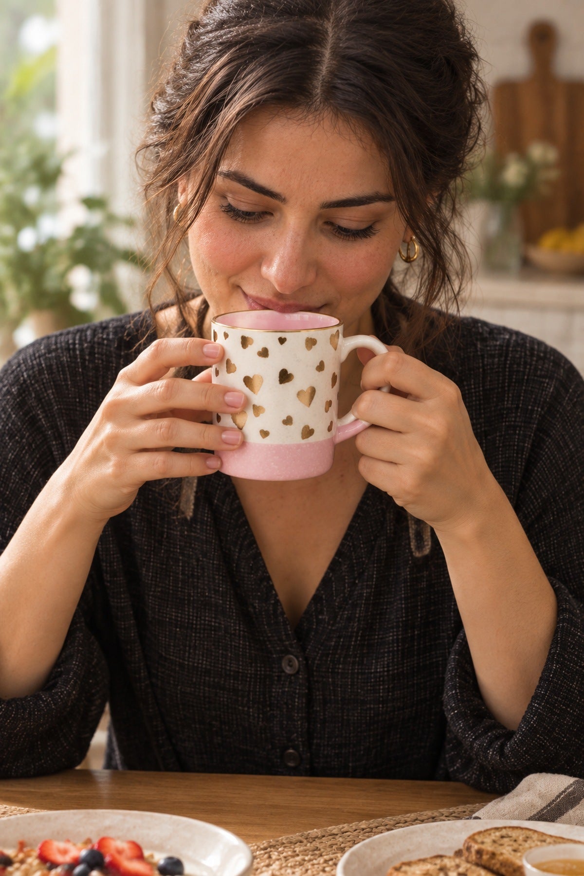 Kalp Desenli Porselen Kupa 330 ml Gold Yaldızlı Pembe Çay Kahve Kupası Pembe