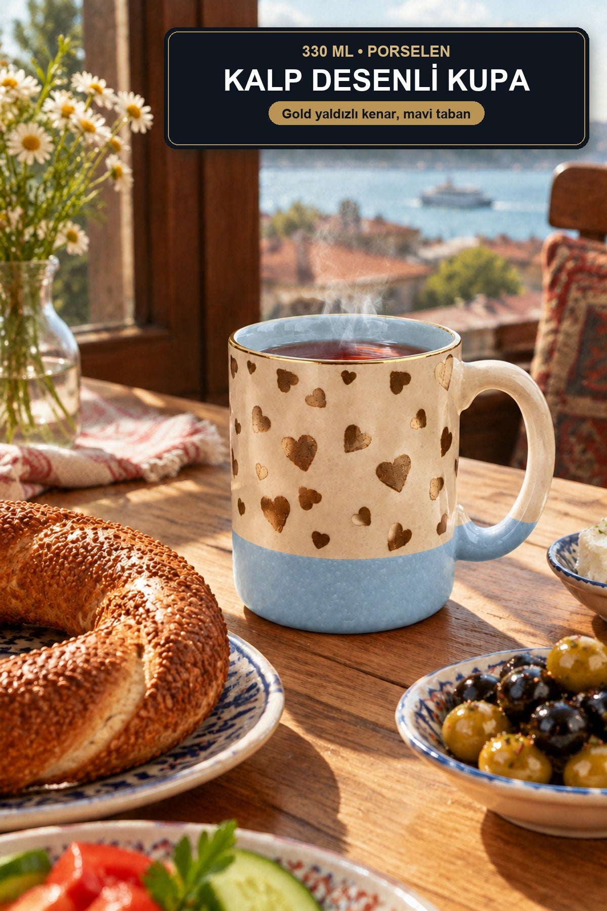 Kalp Desenli Porselen Kupa 330 ml Gold Yaldızlı Pembe Çay Kahve Kupası Mavi