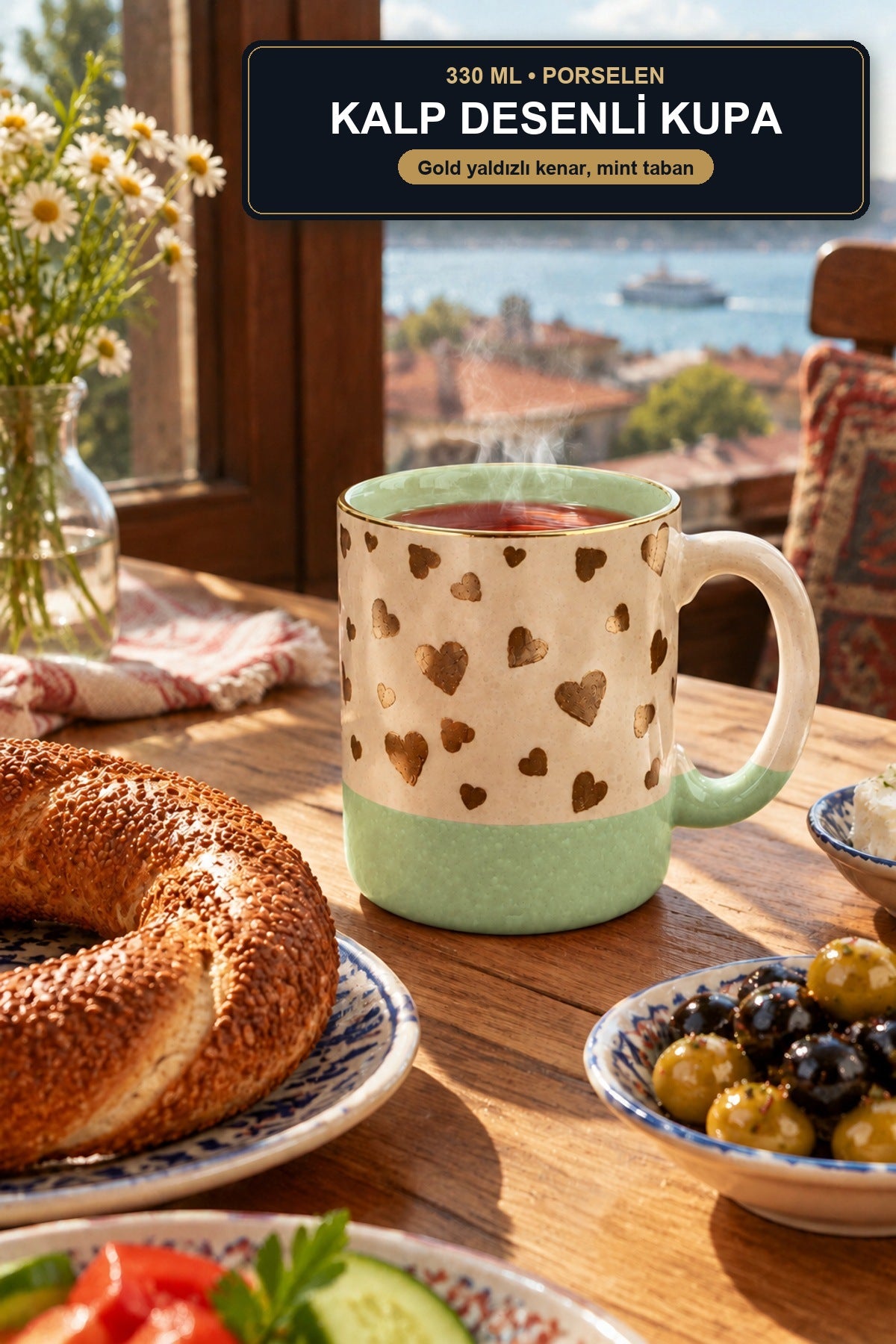 Kalp Desenli Porselen Kupa 330 ml Gold Yaldızlı Pembe Çay Kahve Kupası Mint