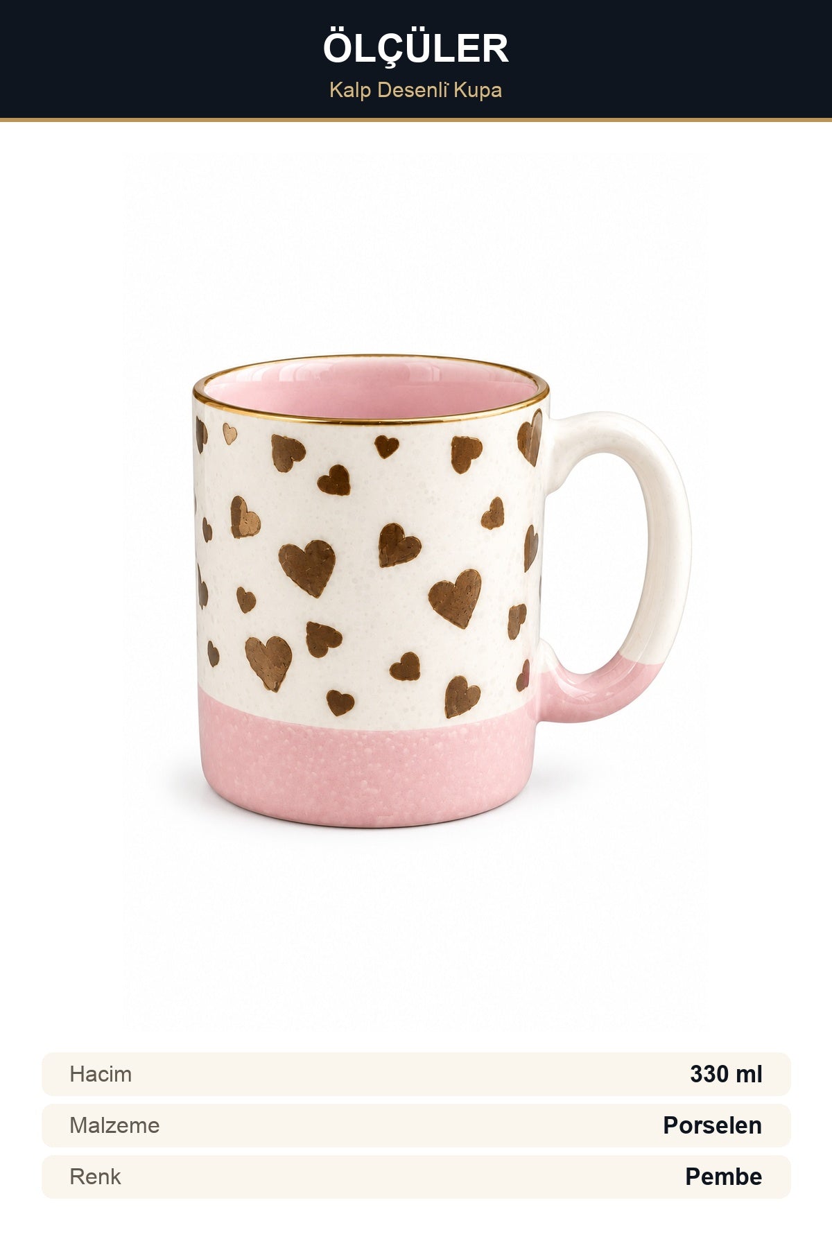 Kalp Desenli Porselen Kupa 330 ml Gold Yaldızlı Pembe Çay Kahve Kupası Pembe
