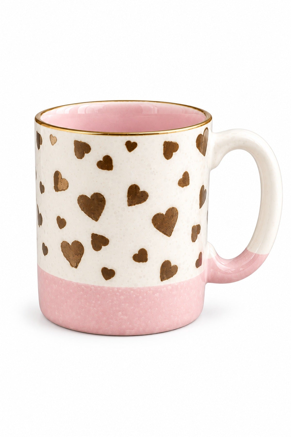 Kalp Desenli Porselen Kupa 330 ml Gold Yaldızlı Pembe Çay Kahve Kupası Pembe