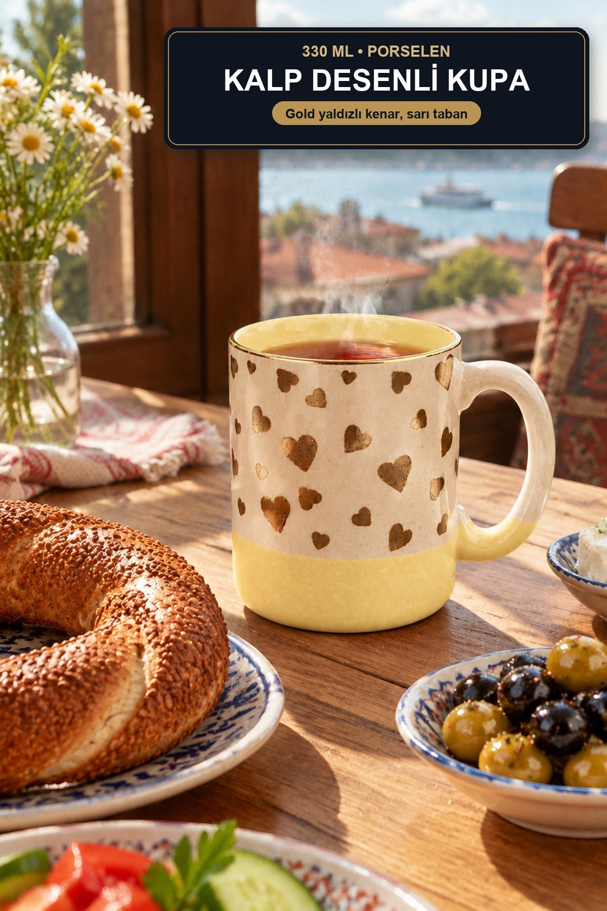 Kalp Desenli Porselen Kupa 330 ml Gold Yaldızlı Pembe Çay Kahve Kupası Sarı