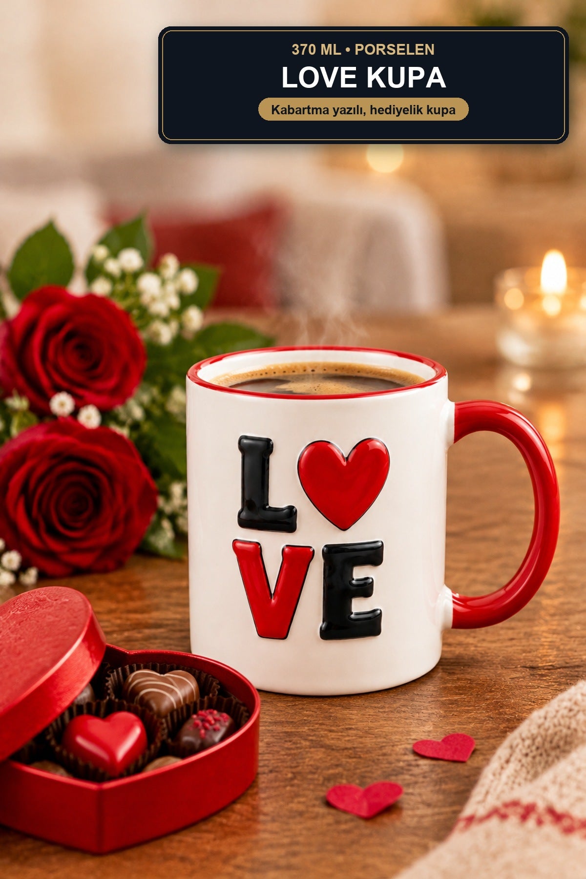 Love Yazılı Porselen Kupa 370 ml Kabartma Yazılı Çay Kahve Kupası Hedi