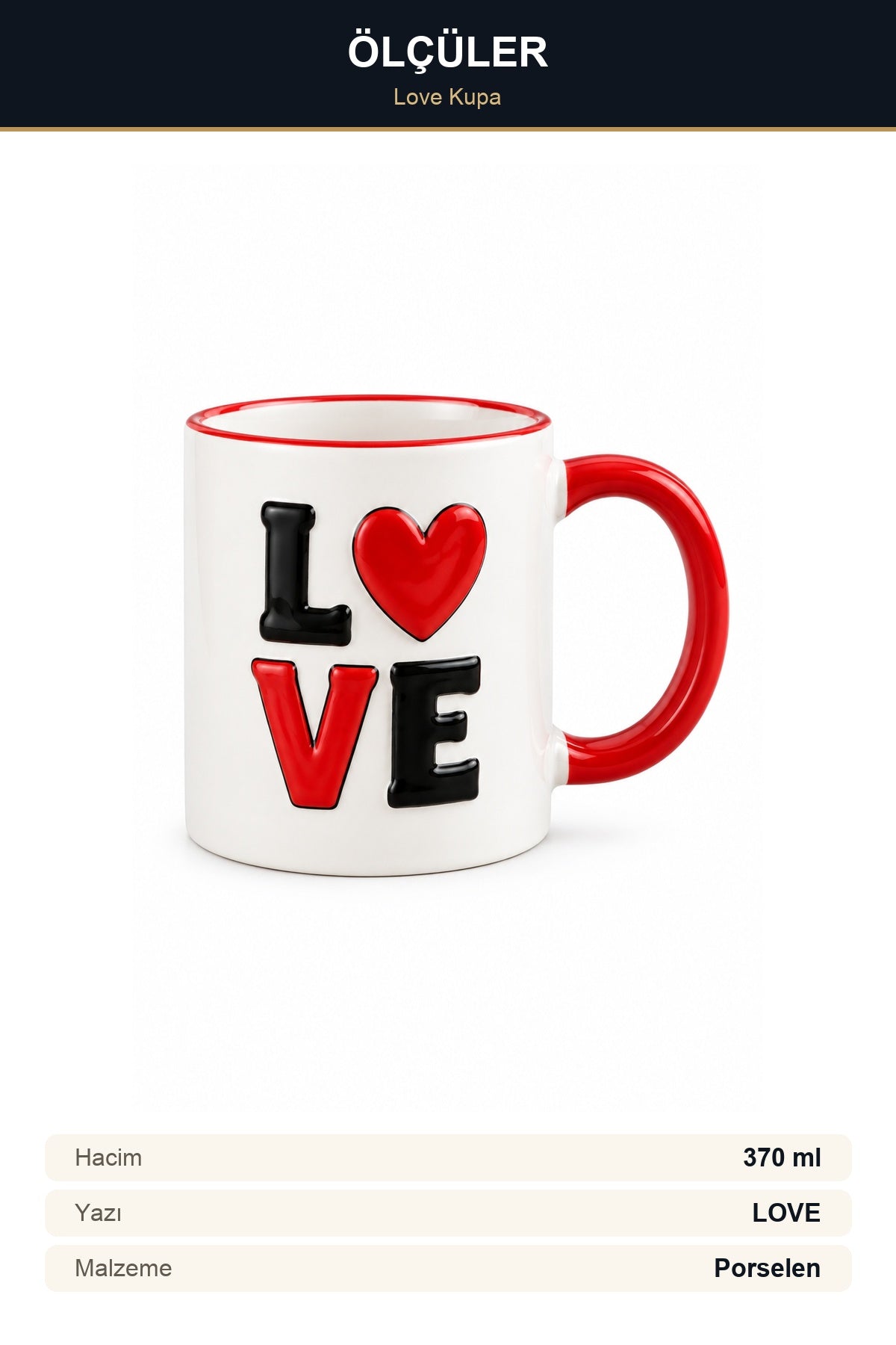 Love Yazılı Porselen Kupa 370 ml Kabartma Yazılı Çay Kahve Kupası Hedi