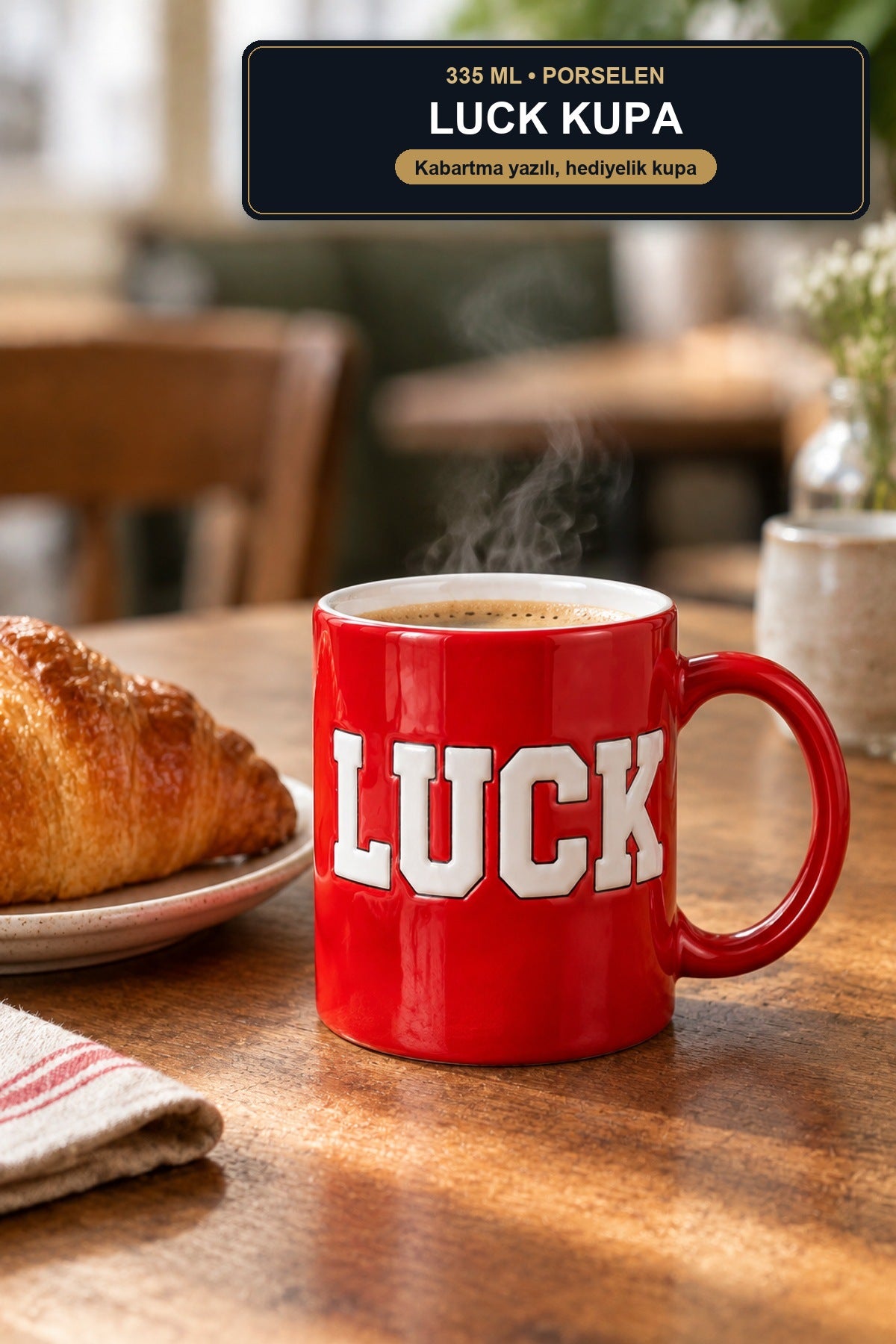 Luck Yazılı Porselen Kupa 335 ml Kabartma Yazılı Çay Kahve Kupası Hedi