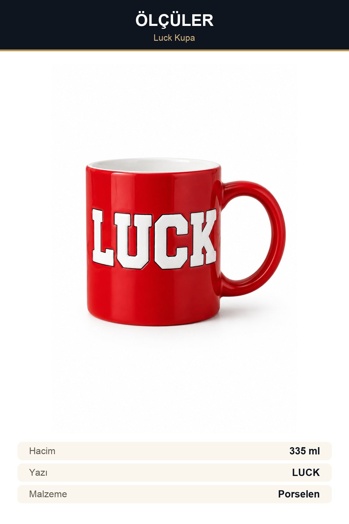 Luck Yazılı Porselen Kupa 335 ml Kabartma Yazılı Çay Kahve Kupası Hedi