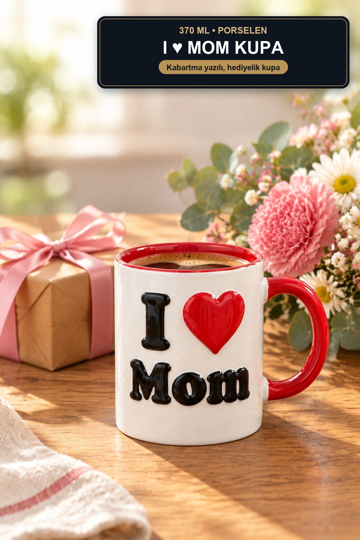 I Love Mom Yazılı Porselen Kupa 370 ml Kabartma Yazılı Çay Kahve Kupas